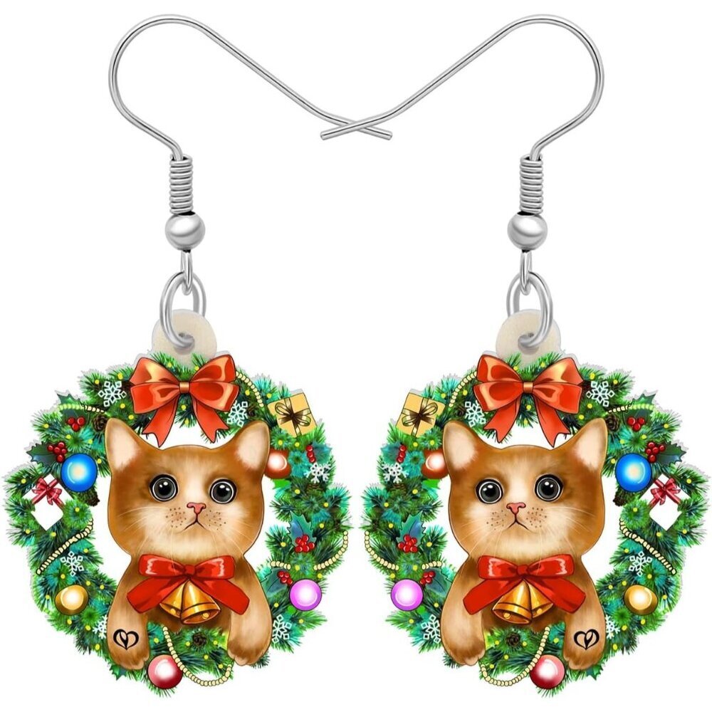 ⚡Christmas Cat Earrings for Women Cute Holiday Wreath Dangle Drop Jewelry Gift